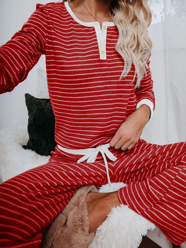 Women's Striped Print Button Tee & Tie Front Pants Loungewear Two-piece Set, Casual Comfy Round Neck Long Sleeve Top & Elastic Waist Trousers PJ Set, Women's Sleepwear for Spring & Fall