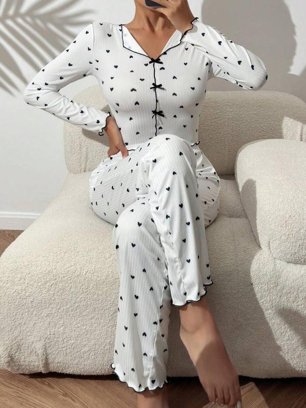 Two-Piece Set Women's All Over Heart Print Bow Front Lettuce Trim Pajama Set, Casual Comfy Long Sleeve Collared Top & Pants PJ Set, Ladies Sleepwear for Spring & Fall