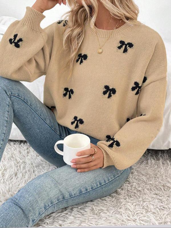 Women's Bow Print Drop Shoulder Sweater, Casual Long Sleeve Round Neck Jumper for Fall & Winter, Fashion Ladies' Knitwear for Daily Wear