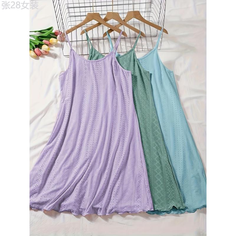 3pcs Plus Size Women's Casual Loungewear, Solid Eyelet Embroidery Round Neck Frill Trim Cami Nightdress Fabric Nightwear