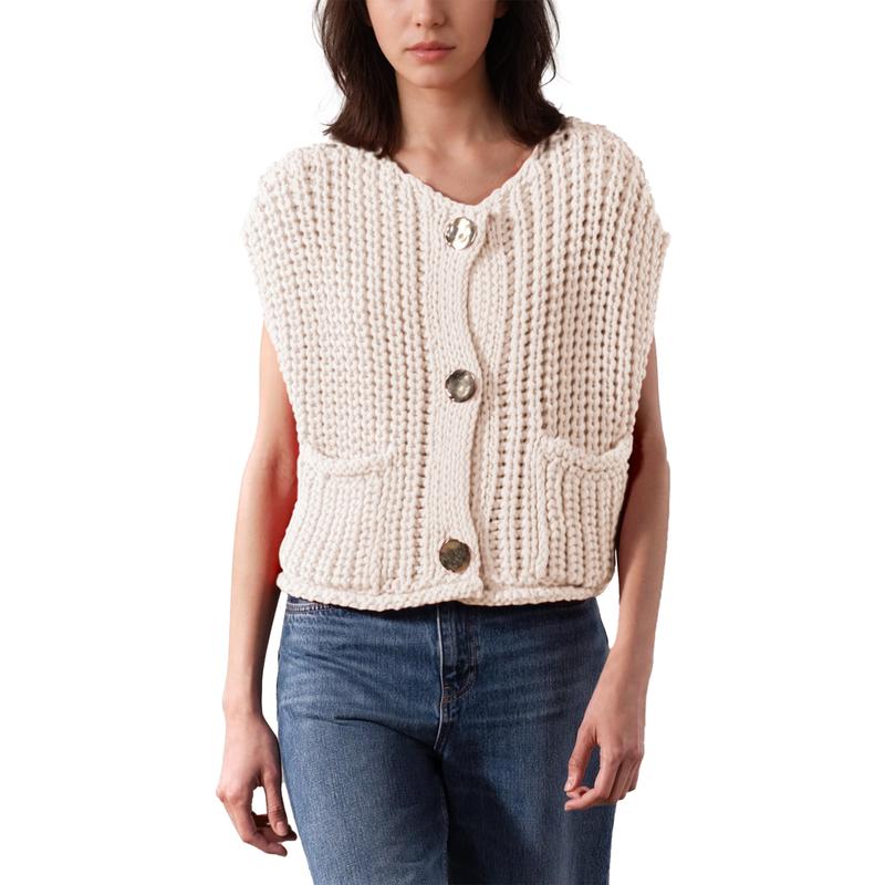 Hixiaohe Womens Crochet Chunky Knit Top Sleeveless Button Down Crop Tops Trendy Cardigan Sweater Vest for Women with Pockets