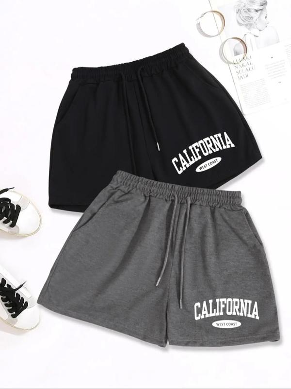 Womenswear Letter Print Drawstring Shorts, Comfort Pocket Track Shorts for Summer, Summer Outfits, Back To School Outfits, Ladies Bottoms for Daily Wear, Holiday Outfits 2024