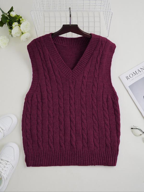  Solid V Neck Cable Knit Sweater Vest, Casual Sleeveless Knit Top for Daily Outdoor Wear, Women Plus Clothing for All Seasons