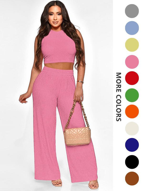 Two-Piece Set Women's Solid Textured Co-ord Set, Casual Round Neck Crop Tank Top & Wide Leg Pants Set, Ladies Summer Clothes for Daily Wear, Summer Outfits