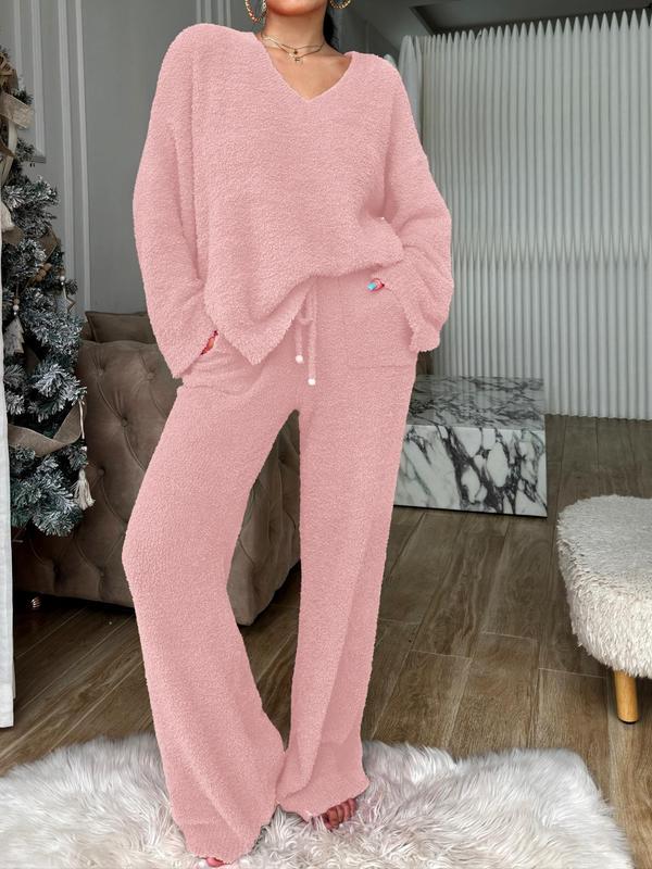 Women's Solid High Low Split Hem Top & Pocket Pants Plush Pyjama Set, Casual Comfy Long Sleeve V Neck Top & Drawstring Trousers PJ Set, Women's Fluffy Pajamas for Fall & Winter, Fluffy Pajamas