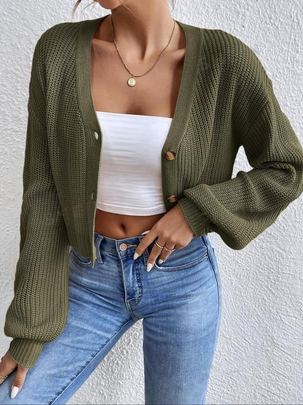 Button Front Balloon Sleeve Crop Cardigan for Women, Long Sleeve Fall Knit Cardigan, 2024 Autumn Clothes, Commuter Short Cardigan, Cozy Fall Outfits, Fall Outfits, Fallfreshness