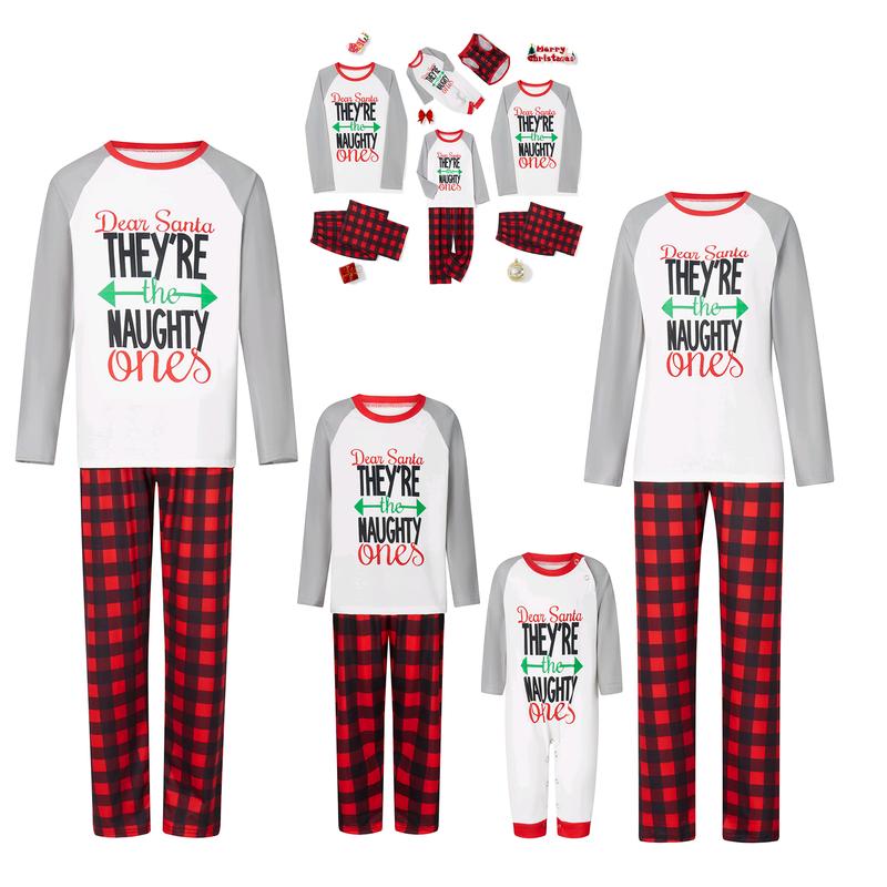 Matching Christmas Pajamas For Family Long Sleeve Arrow Letter Print Tops + Plaid Pants Set Sleepwear