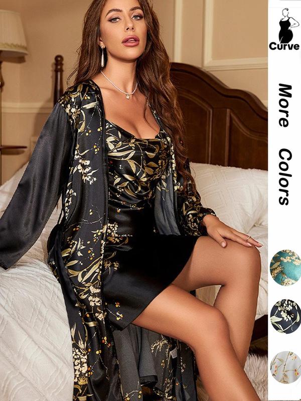  Floral Print Belted Robe & Draped Cami Nightdress Pyjama Two-piece Set, Casual Long Sleeve Robe & Cowl Neck Camisole Nightdress Pj Set, Lounge Sets, Pajama Sets Women, Women's Sleepwear for All Seasons, Fall Wear, Fallfreshness, Womenswear