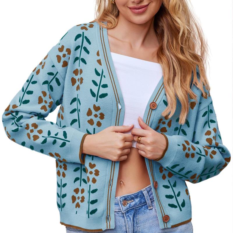 Fisoew Womens Floral Print V Neck Cardigan Open Front Button Down Knit Sweater Long Sleeve Loose Fashion Tops