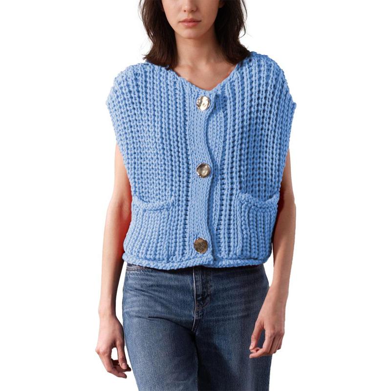 Hixiaohe Womens Crochet Chunky Knit Top Sleeveless Button Down Crop Tops Trendy Cardigan Sweater Vest for Women with Pockets