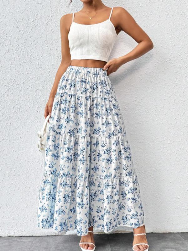 Women's Ditsy Floral Print Ruffle Hem A Line Skirt, Boho Fashion High Waist Long Skirt for Daily Holiday Vacation Wear, Ladies Bottoms for All Seasons