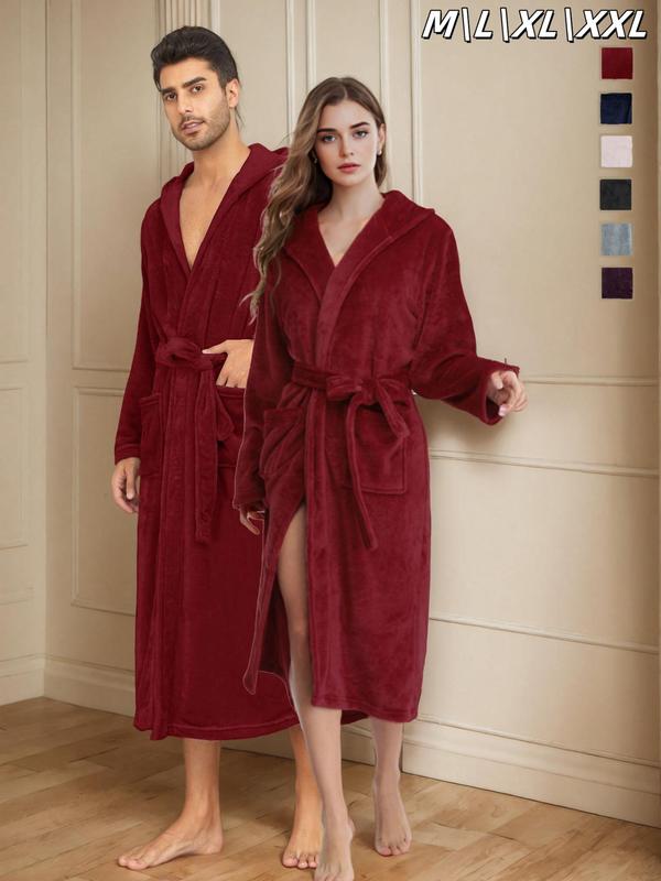 Couple's Solid Belted Hooded Flannel Robe, Casual Long Sleeve Pocket Design Bathrobe, Warm Comfy Couple Sleepwear for Fall & Winter