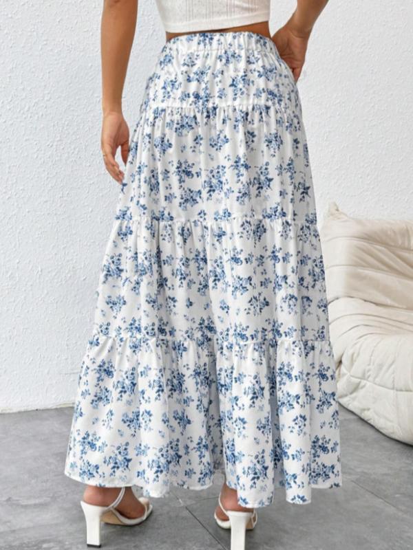 Women's Ditsy Floral Print Ruffle Hem A Line Skirt, Boho Fashion High Waist Long Skirt for Daily Holiday Vacation Wear, Ladies Bottoms for All Seasons