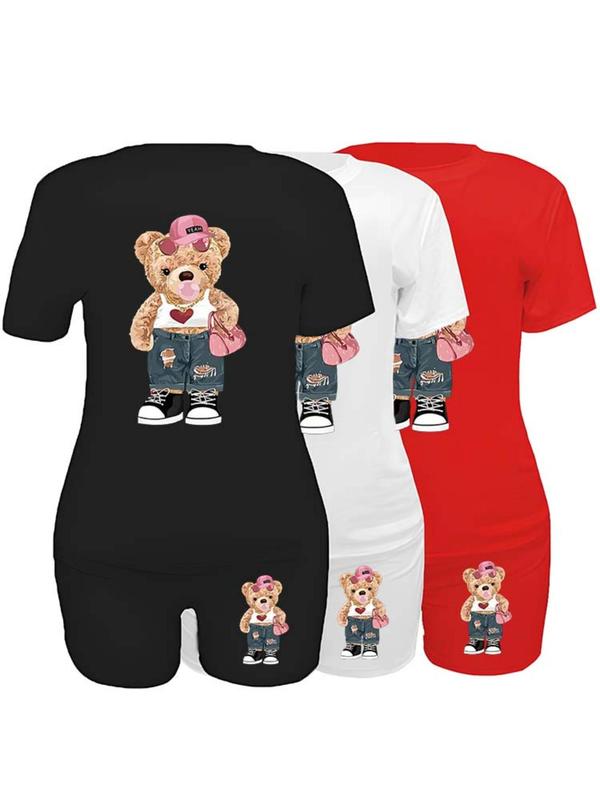 Women's 6 Counts Cartoon Bear Print Round Neck T-shirt & Skinny Shorts Set, Casual Short Sleeve Crew Neck Tee & Shorts for Daily Wear, Ladies Clothes for Fall, 2 Piece Sets Women