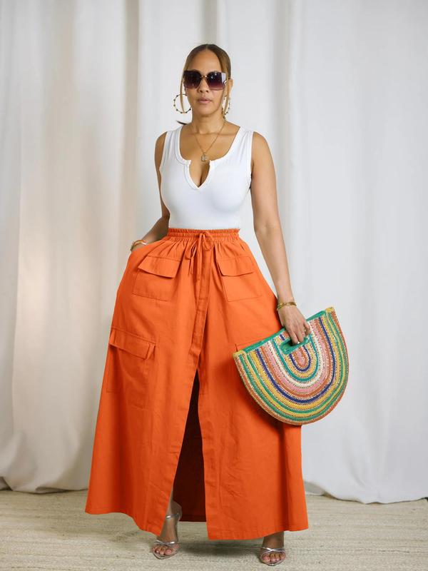 Women's Plain Drawstring High Waist Skirt, Casual Pocket Wrap Long Skirts for Summer, Maxi Skirt, Skirts for Women, Skirts for Summer, Ladies Bottoms for Beach Holiday Vacation