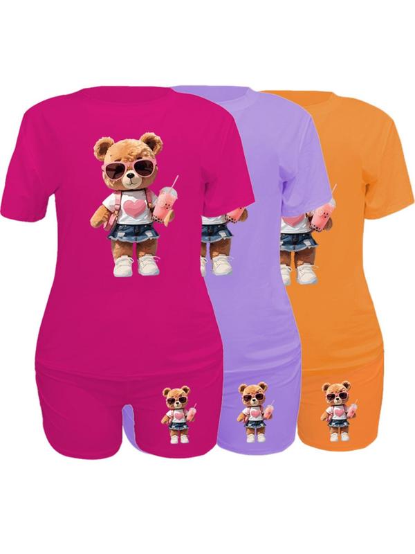 Women's 6 Counts Cartoon Bear Print Round Neck T-shirt & Skinny Shorts Set, Casual Short Sleeve Crew Neck Tee & Shorts for Daily Wear, Ladies Clothes for Fall, 2 Piece Sets Women