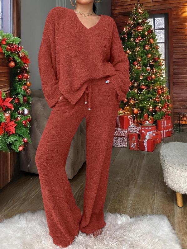 Women's Solid High Low Split Hem Top & Pocket Pants Plush Pyjama Set, Casual Comfy Long Sleeve V Neck Top & Drawstring Trousers PJ Set, Women's Fluffy Pajamas for Fall & Winter, Fluffy Pajamas