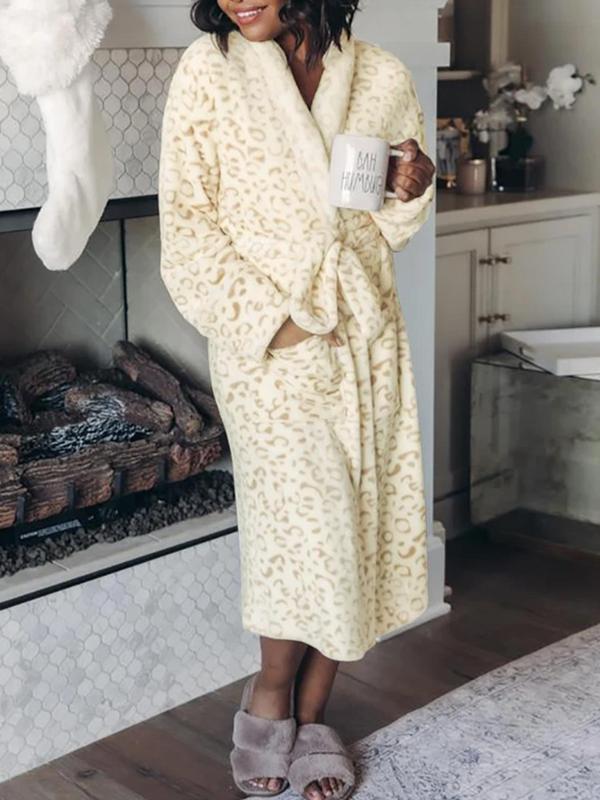 Women's Leopard Print Pocket Belted Wrap Lounge Robe, Casual Long Sleeve Dressing Gown, Women's Sleepwear for Winter