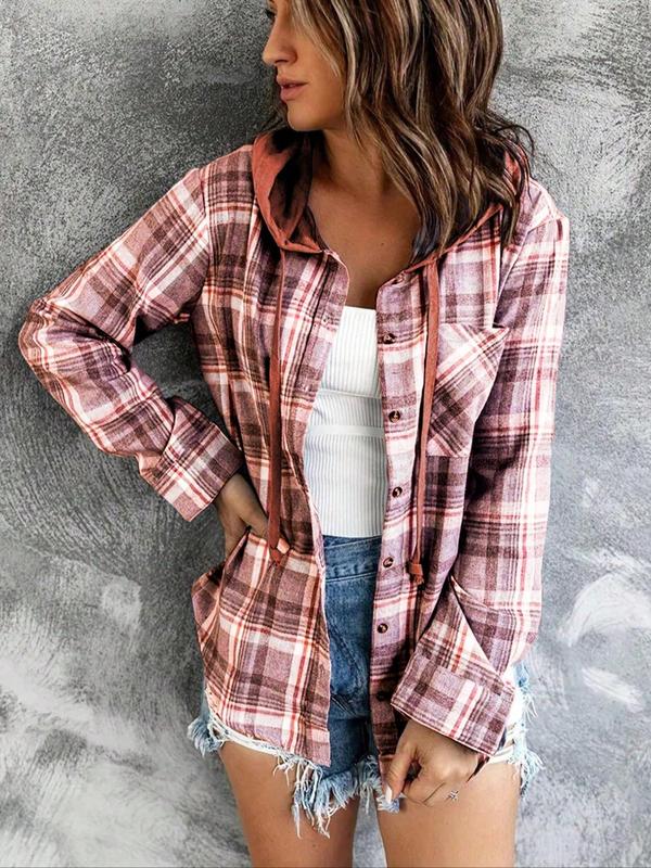 Women's Plaid Print Button Front Hooded Shirt, Casual Long Sleeve Pocket Top for Spring & Fall, Women's Clothes for Daily Wear