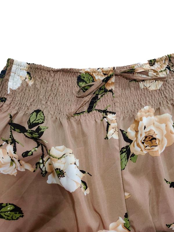 Plus Size Floral Drawstring Waist Wideleg Vintage Pants, Boho Womenswear, Lady Elegant Shirred Wideleg Trousers for Daily Vacation, Comfort Bottoms, Plus Size Clothing, Summer Outfits 2024 for Work