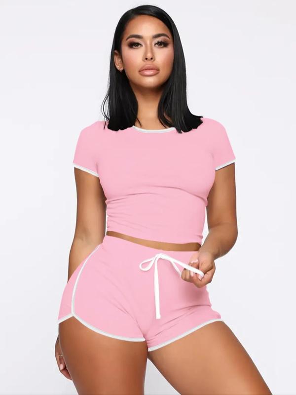 Two-Piece Set Women's Contrast Binding Crop Top & Drawstring Waist Shorts Two-piece Set, Comfort Round Neck Short Sleeve Top & Shorts, Summer Clothes Women, Summer Outfits 2024 Sets, Casual Summer Clothes for Lady Outdoor Daily Wear, Womenswear