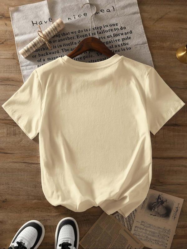 Women's Cartoon & Letter Print Round Neck Tee, Trendy Casual Short Sleeve T-shirt for Daily Wear, Ladies Summer Clothes