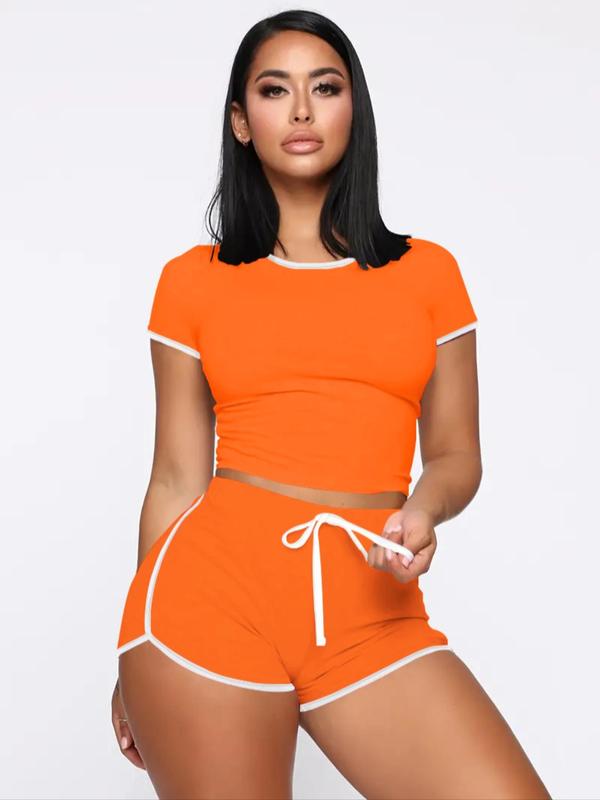 Two-Piece Set Women's Contrast Binding Crop Top & Drawstring Waist Shorts Two-piece Set, Comfort Round Neck Short Sleeve Top & Shorts, Summer Clothes Women, Summer Outfits 2024 Sets, Casual Summer Clothes for Lady Outdoor Daily Wear, Womenswear