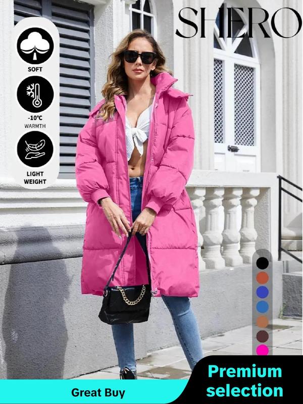 Women's Button Front Full Zip Up Winter Puffer Coat, Trendy Warm Raglan Sleeve Long Coat Outerwear For Daily, Hooded Coat, Please Purchase A Size Up