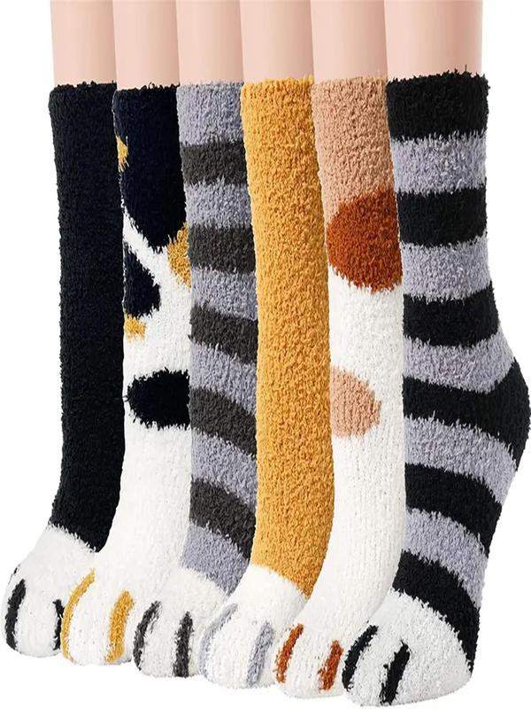 Women's Cartoon Cat Paw Print Fuzzy Socks, Cute Soft Comfy Mid-calf Socks for Fall & Winter, Women's Socks for Daily Wear