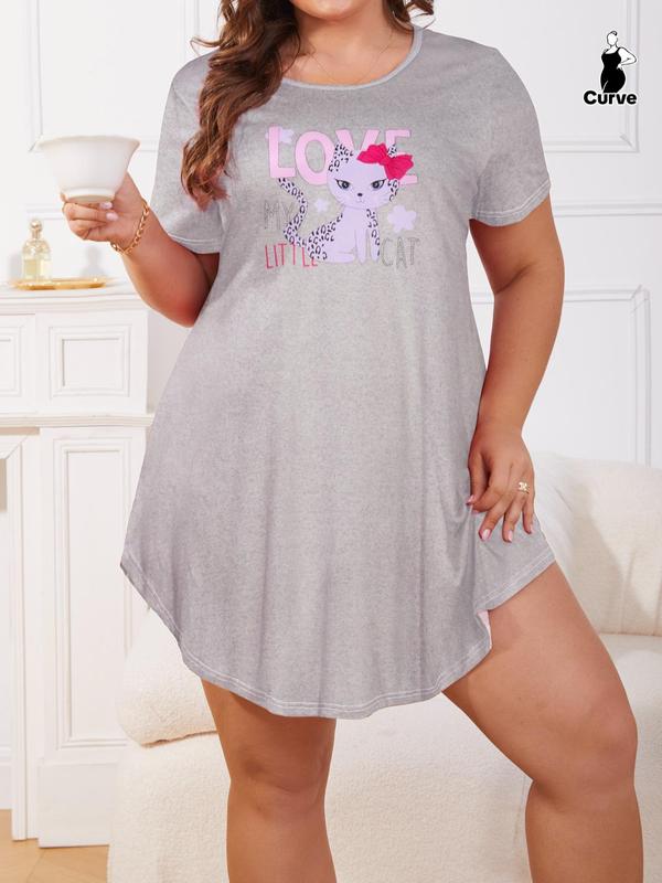 Plus Size Cartoon Cat Print Round Neck Nightdress, Casual Soft Comfortable Short Sleeve Nightgown For Women, Women's Sleepwear For All Seasons