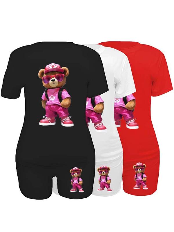 Women's 6 Counts Cartoon Bear Print Round Neck T-shirt & Skinny Shorts Set, Casual Short Sleeve Crew Neck Tee & Shorts for Daily Wear, Ladies Clothes for Fall, 2 Piece Sets Women