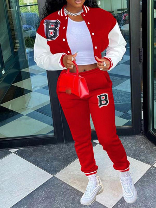 Two-piece Set Women's Letter Print Button Front Crop Varsity Jacket & High Waist Sweatpants, Casual Fashion Cozy Colorblock Print Two Piece Outfits for Daily Wear,  Two Piece Set Women, Ladies Fall & Winter Clothes