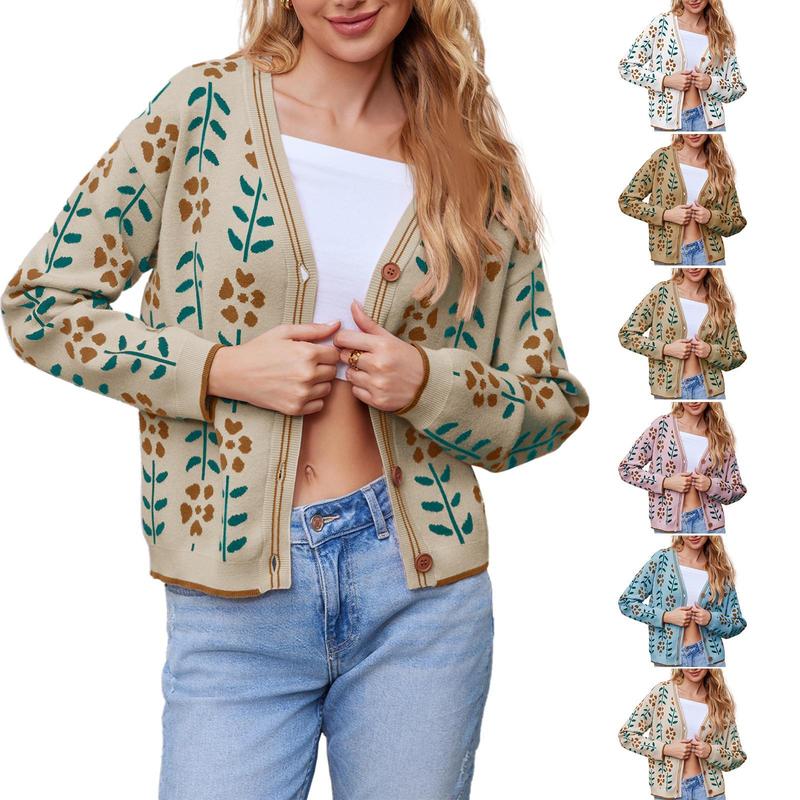 Fisoew Womens Floral Print V Neck Cardigan Open Front Button Down Knit Sweater Long Sleeve Loose Fashion Tops