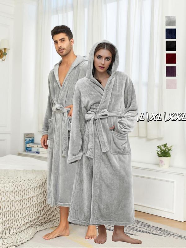 Couple's Solid Belted Hooded Flannel Robe, Casual Long Sleeve Pocket Design Bathrobe, Warm Comfy Couple Sleepwear for Fall & Winter