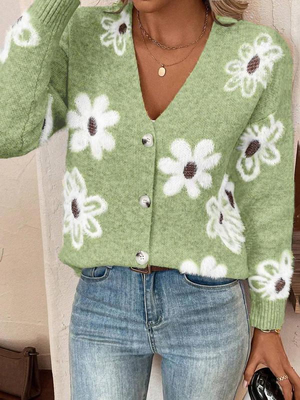 Women's Floral Print Drop Shoulder Button Front Sweater Cardigan, Casual Long Sleeve V Neck Cardigan Sweater for Daily Wear, Ladies Knitwear for All Seasons