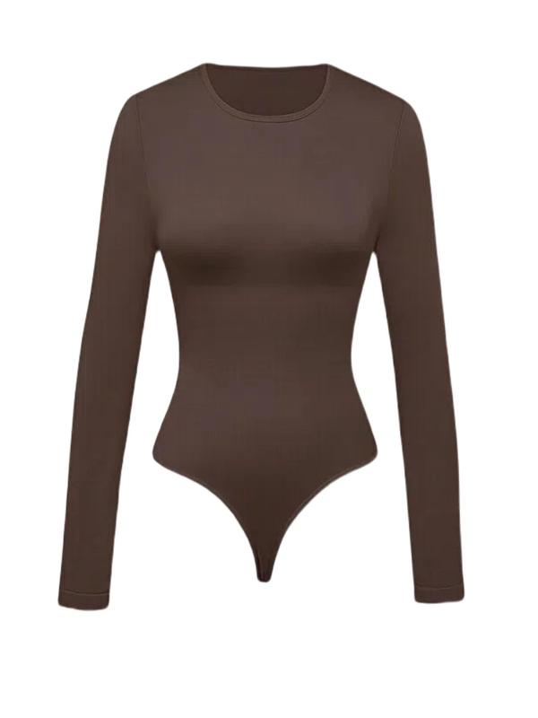 Women's Solid Round Neck Long Sleeve Shapewear Bodysuit, Casual Comfy Tummy Control Butt Lifting Shaper, Ladies Shapewear for All Seasons