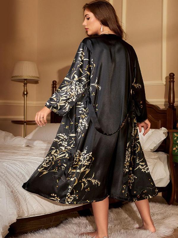  Floral Print Belted Robe & Draped Cami Nightdress Pyjama Two-piece Set, Casual Long Sleeve Robe & Cowl Neck Camisole Nightdress Pj Set, Lounge Sets, Pajama Sets Women, Women's Sleepwear for All Seasons, Fall Wear, Fallfreshness, Womenswear