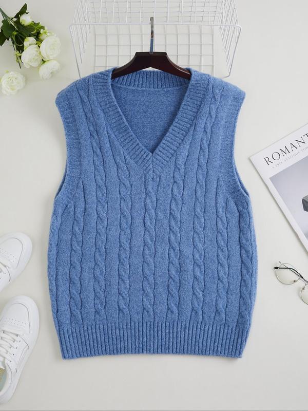  Solid V Neck Cable Knit Sweater Vest, Casual Sleeveless Knit Top for Daily Outdoor Wear, Women Plus Clothing for All Seasons