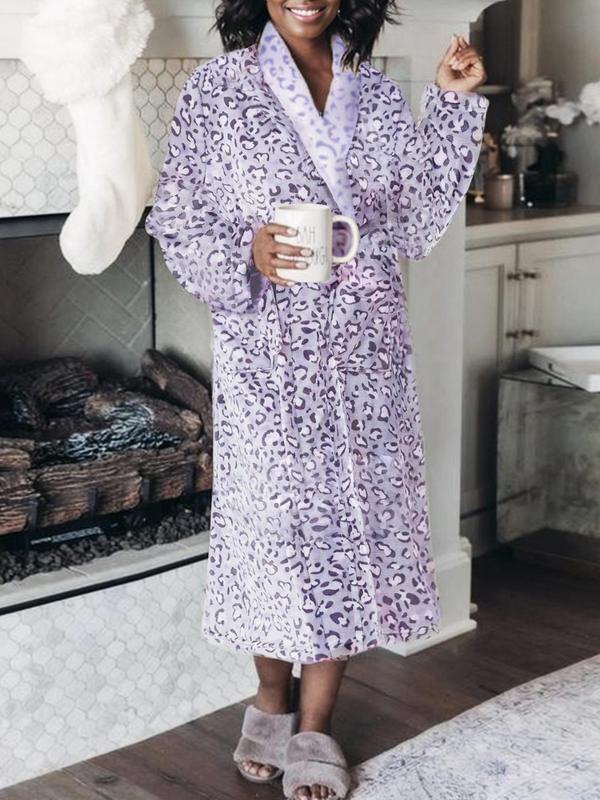 Women's Leopard Print Pocket Belted Wrap Lounge Robe, Casual Long Sleeve Dressing Gown, Women's Sleepwear for Winter