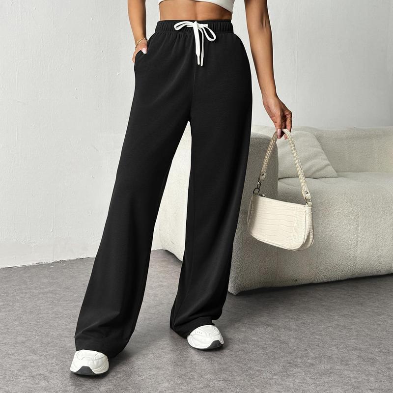 Women's Elastic High Waisted Drawstring Sweatpants Workout Trousers Straight Wide Leg Pants with Pockets