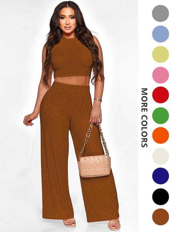 Two-Piece Set Women's Solid Textured Co-ord Set, Casual Round Neck Crop Tank Top & Wide Leg Pants Set, Ladies Summer Clothes for Daily Wear, Summer Outfits