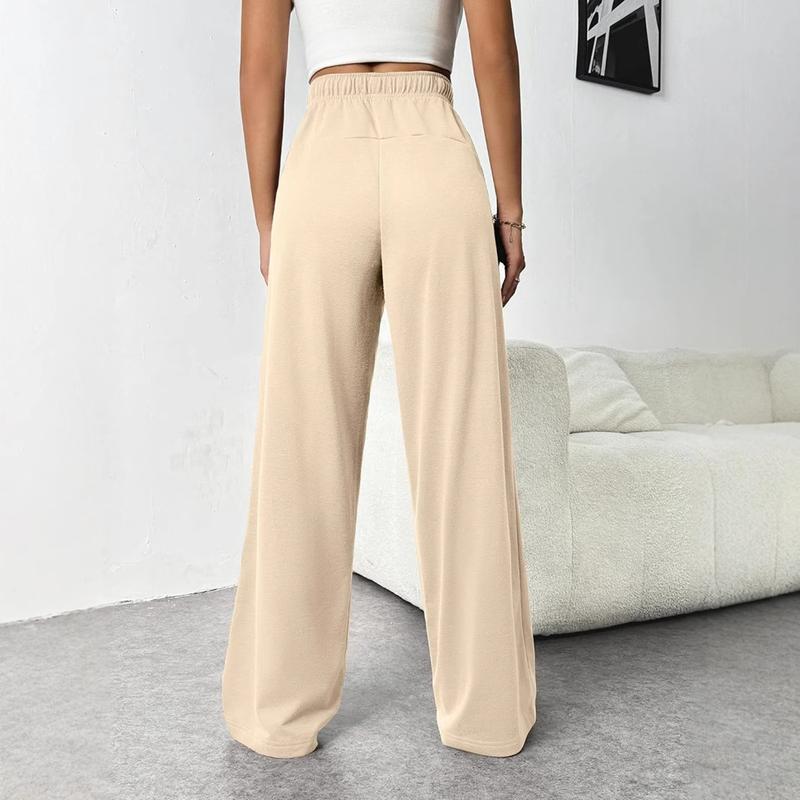 Women's Elastic High Waisted Drawstring Sweatpants Workout Trousers Straight Wide Leg Pants with Pockets