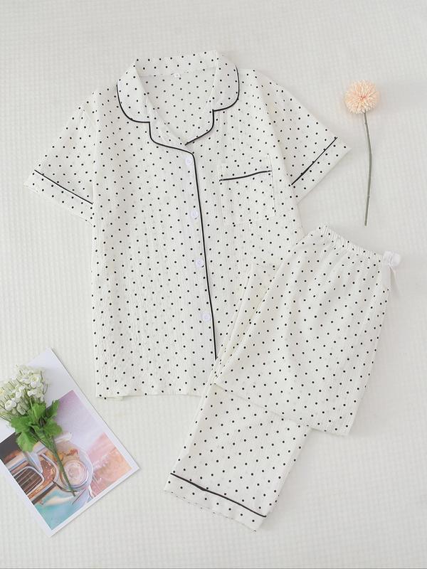 Two-piece Set Women's Back To School Cute All Over Print Button Shortsleeve Blouse & Elastic Waist Pants Comfortable Pyjamas Cute Nightwear Set, Summer Clothes Women, Casual Style Comfort Lapel Pocket Top & Pants Loungewear Pjs Set, Womenswear Pyjamas