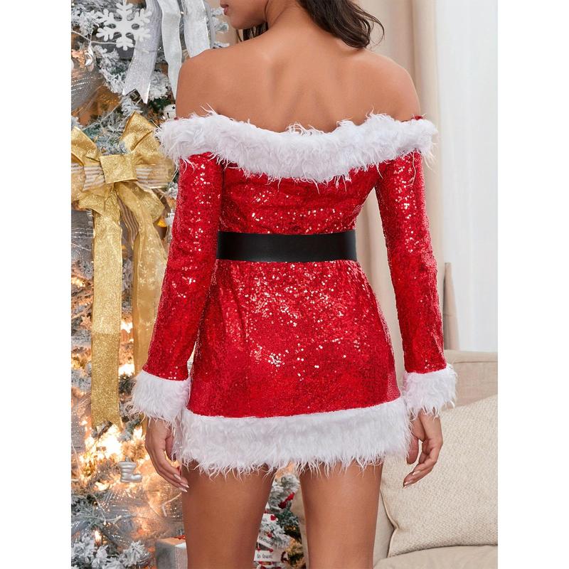 Women's Christmas Santa Dress Deluxe Mrs. Claus Costume Off Shoulder Long Sleeve Bodycon Mini Dress