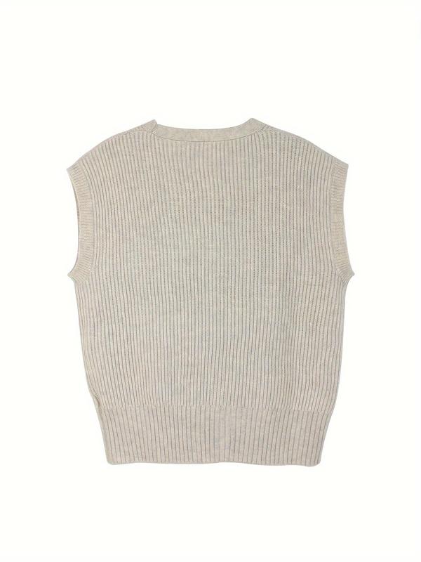 Women's Solid Button Front V Neck Sweater Vest, Casual Sleeveless Knitwear for Daily Wear, Ladies Clothes for All Seasons