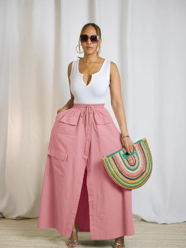 Women's Plain Drawstring High Waist Skirt, Casual Pocket Wrap Long Skirts for Summer, Maxi Skirt, Skirts for Women, Skirts for Summer, Ladies Bottoms for Beach Holiday Vacation