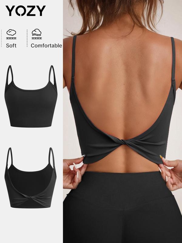 Black Friday Deals YOZY Women's Solid Twist Backless Crop Cami Top, Casual Spaghetti Strap Crop Top for Daily Wear, Ladies Clothes for All Seasons,Christmas 2024 Trend,Thanksgiving Clothing,Fall Clothing,Winter Clothing