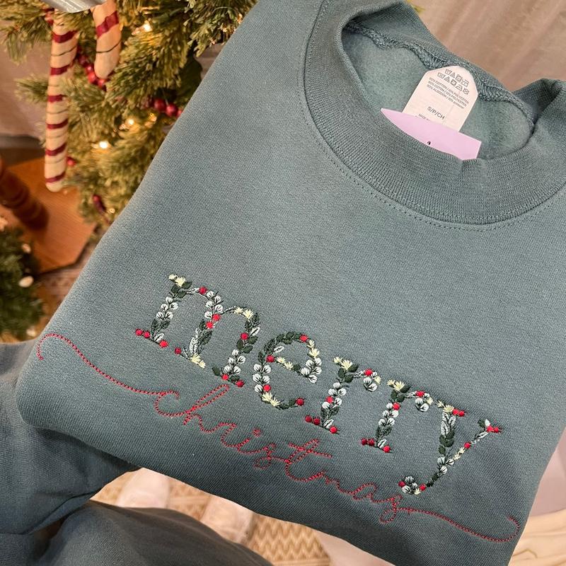 Merry Christmas Floral Embroidered Sweatshirt