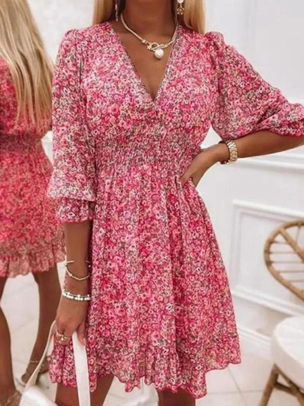 Women's Ditsy Floral Print Ruffle Trim Shirred A Line Dress, Boho Fashion Flounce Sleeve V Neck Short Dress, Dresses for Women, Back to School Outfits, Summer Clothes, Ladies Dress for Summer, Outfits To Hide Tummy Uk