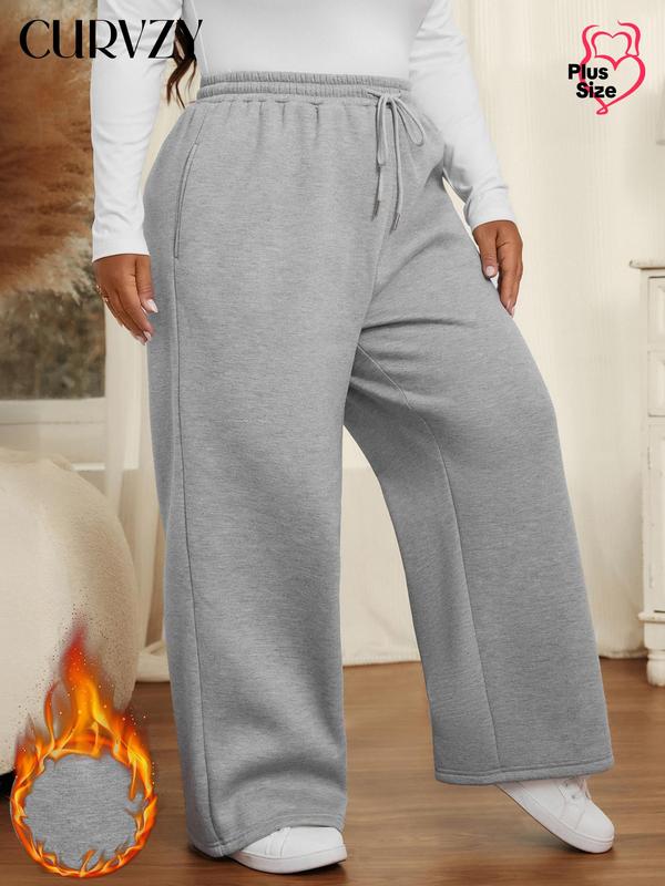 CURVZY Plus Size Solid Drawstring Waist Sweatpants, Casual Pocket Thickened Jogger Pants for Women, Women's Trousers for Fall & Winter